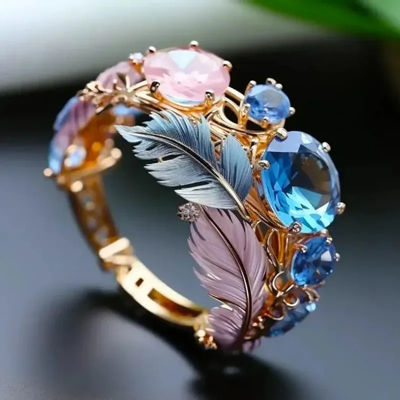 Embossed Colorful Feather Ring Creative Personality Design