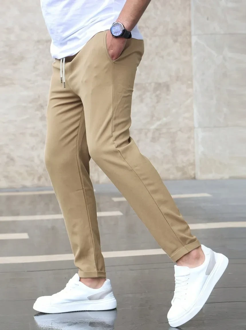 Men's Casual Pants With Pockets Fashion Slim Fit Drawstring Trousers