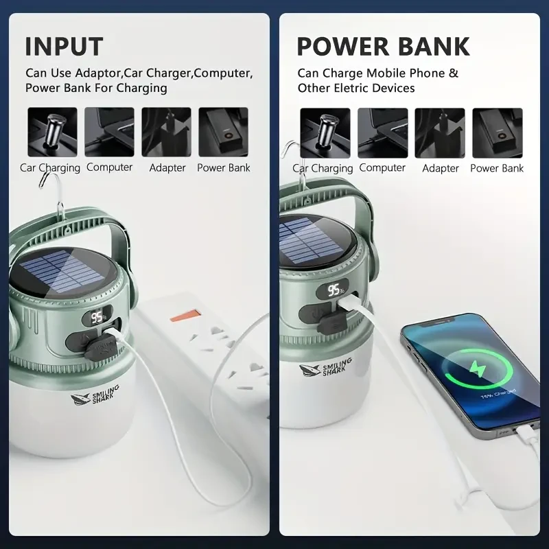 Smiling Shark 2-in-1 Solar & USB Rechargeable Camping Lantern