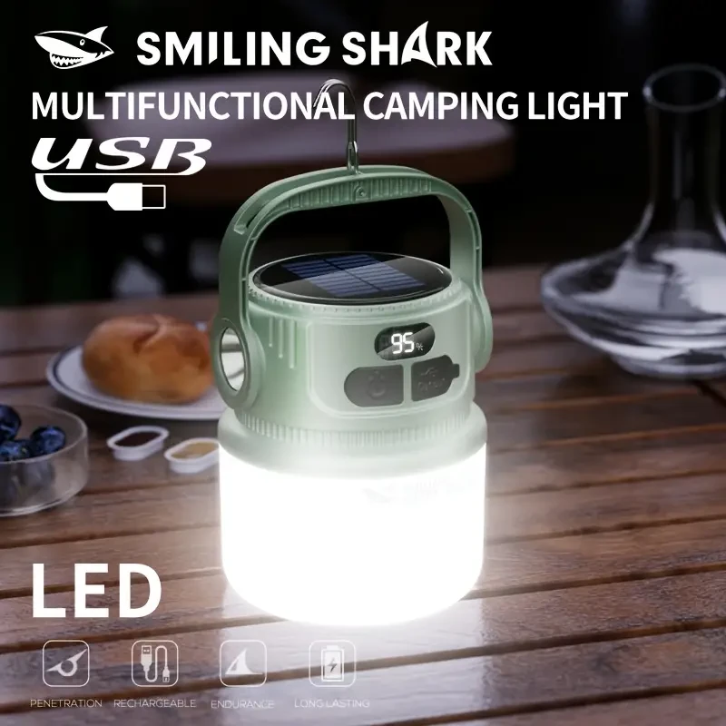 Smiling Shark 2-in-1 Solar & USB Rechargeable Camping Lantern