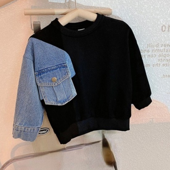 Boys' Denim Knitted Sleeve Loose Sweater