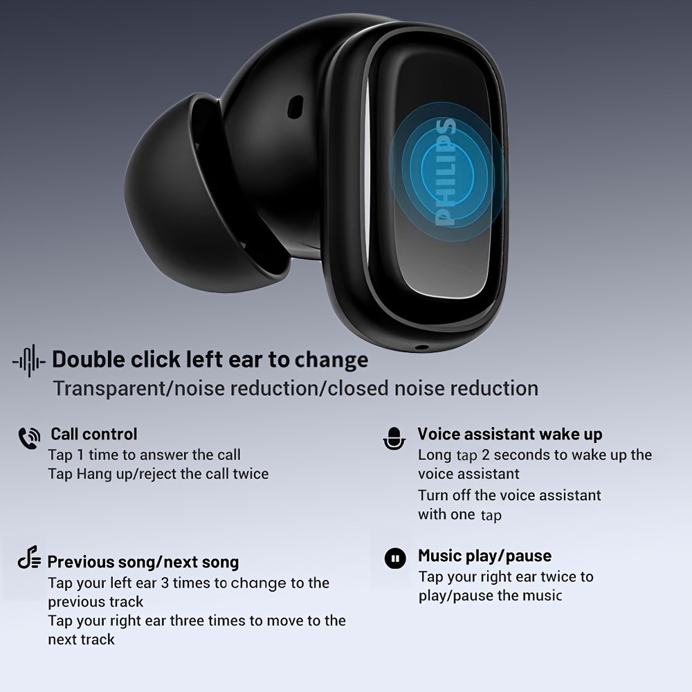 Philips BT5.4 In-Ear Earphones with Wireless Charging Case 24-Hour Playtime, Game Modes, Built-in Mic, Touch Control