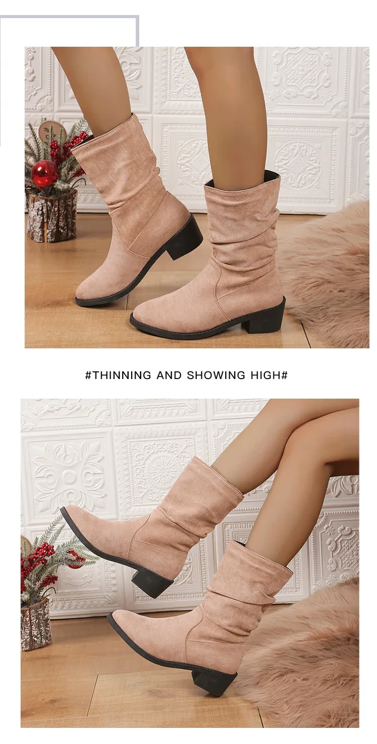 Large Size Thick Heel Pointed Toe Mid-calf Smoke Pipe Boots For Women