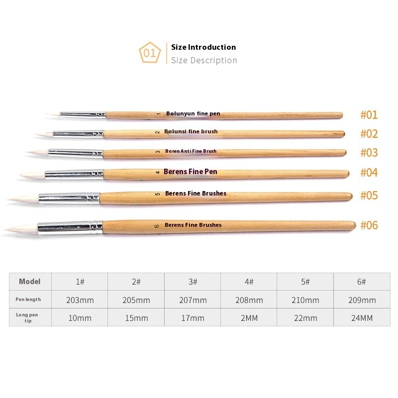 Artistic Wool Pointed Wooden Hook Line Pen Brush Suit