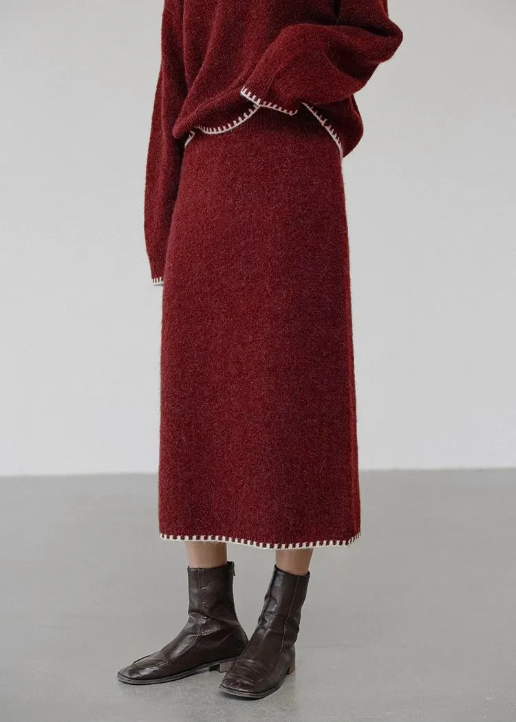 Round Neck Contrasting Edge Knitted Skirt Set