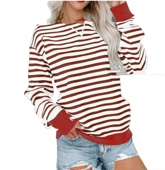Striped Contrast Color Round Neck Trendy Long-sleeve