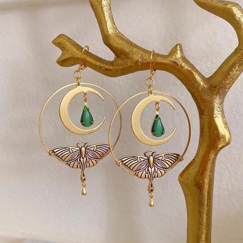 Retro Moths Moon Inlaid Gemstone Round Fashion Bohemian Style Women's Earrings