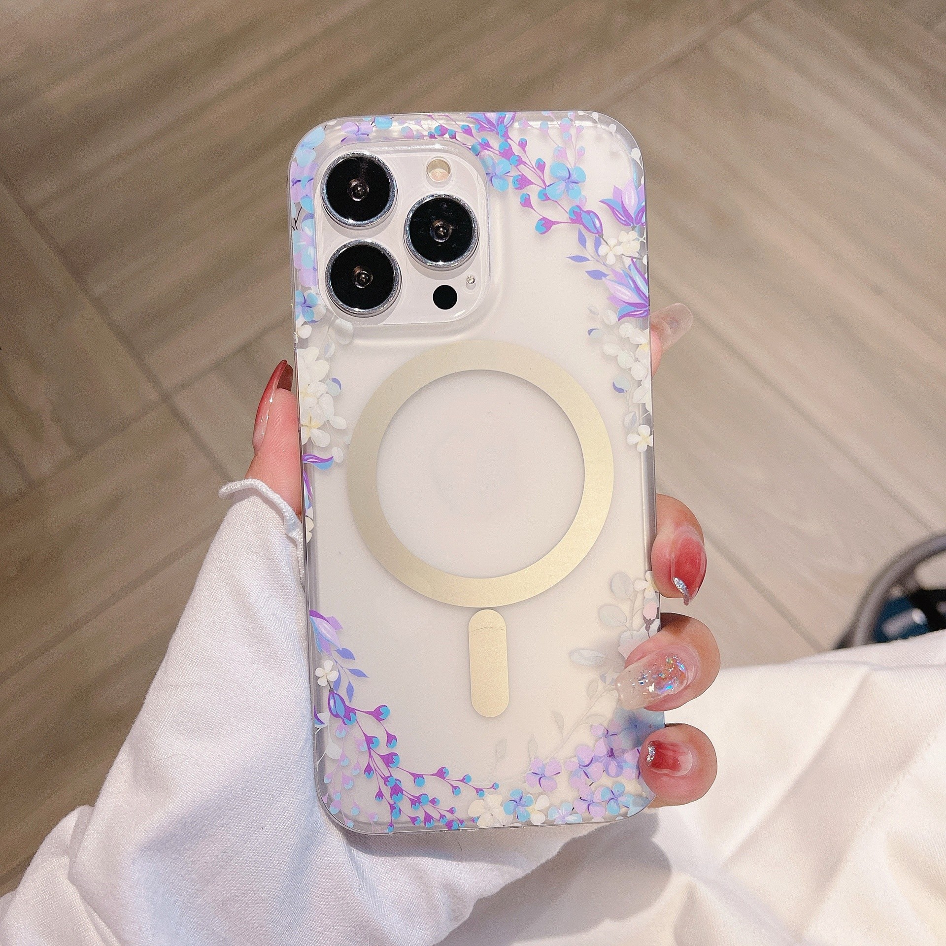 Magnetic Suction Clear Frosted Flower Phone Case