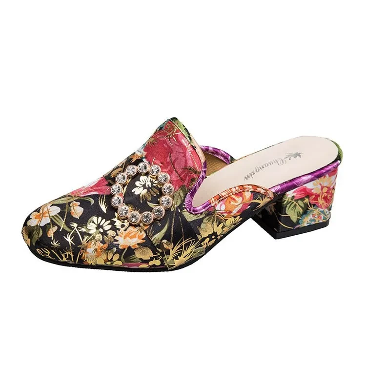 Baotou Half Slippers Rhinestone Embroidered Flowers