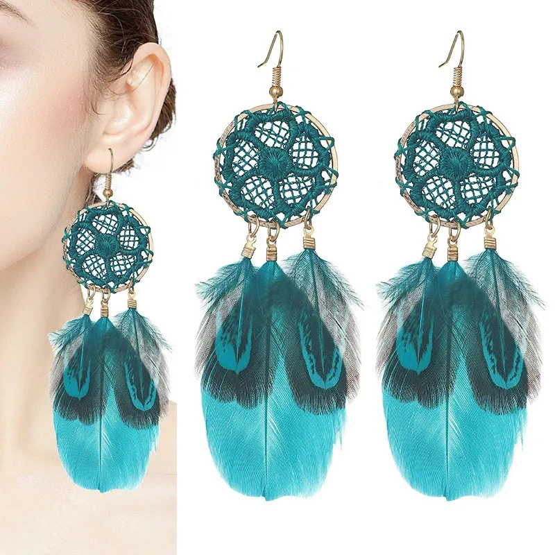 Lightweight Dream Catcher Flower Woven Feather Earrings