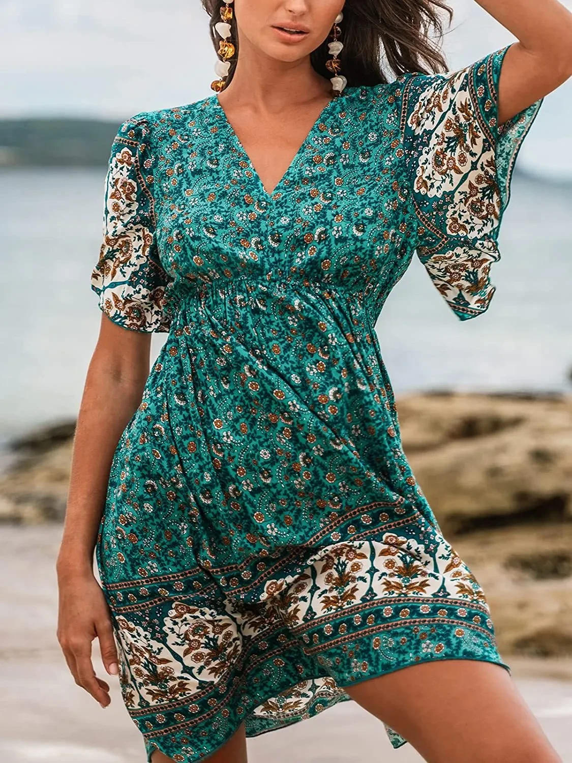 Bohemian Rayon Positioning Flower Green Dress
