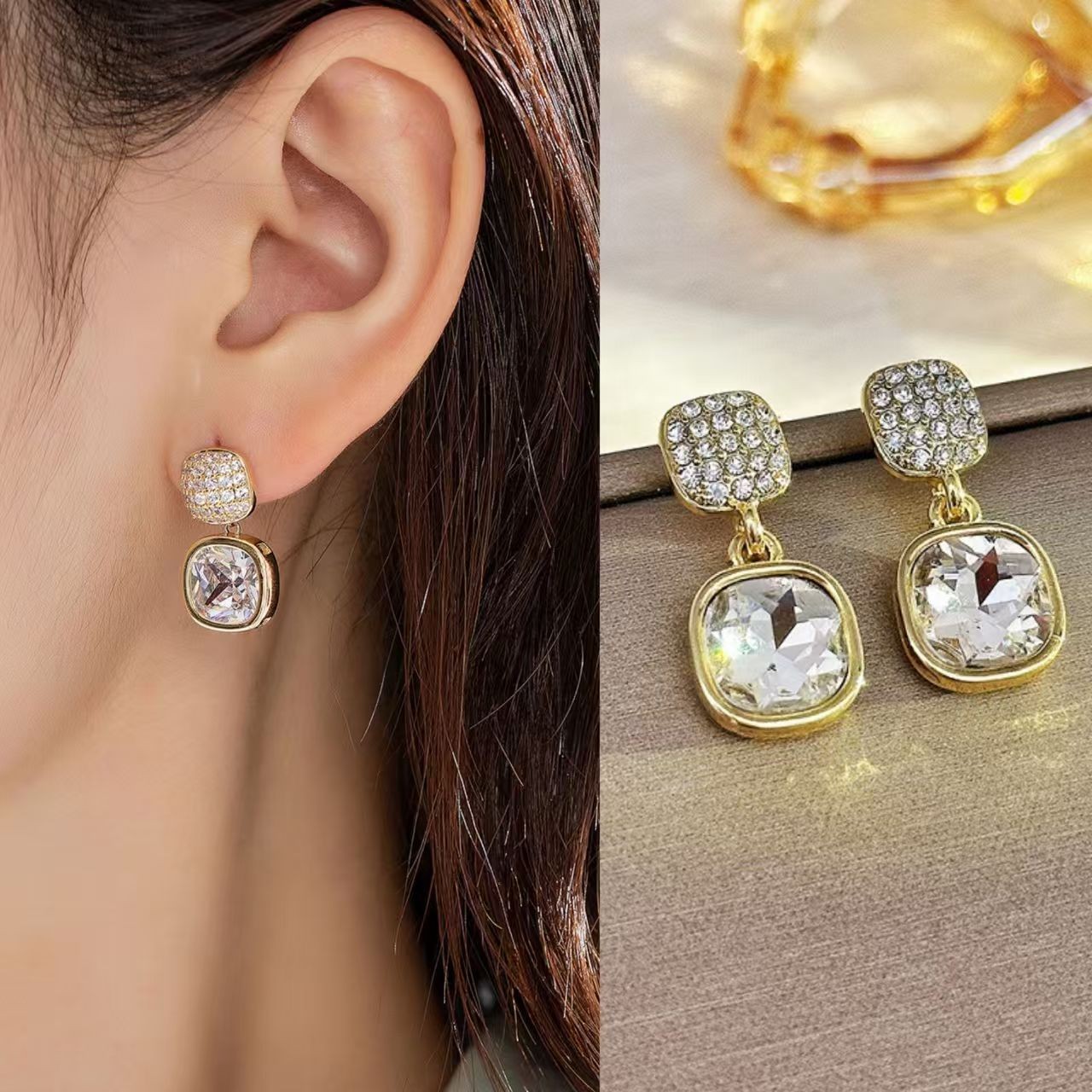 Simple Square Zircon Stud Earrings Ins Light Luxury High-end Women's New All-matching