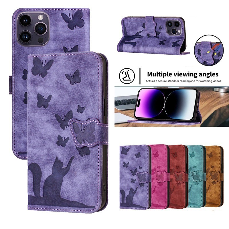 Butterfly Cat Embossed Phone Leather Case