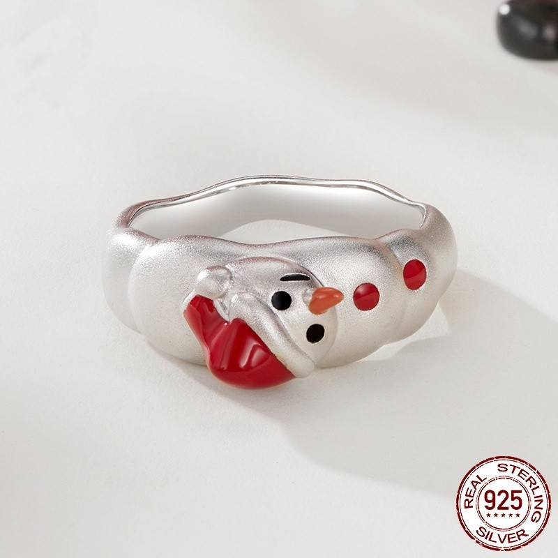 Cute Christmas Snowman Wide Ring S925 Sterling Silver