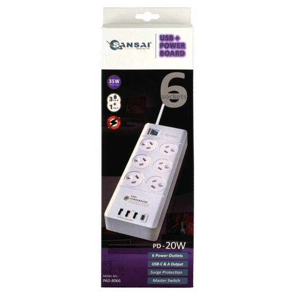 Sansai 6 Way Surge Powerboard with 3x USB, 1x USB-C Charging Portsv