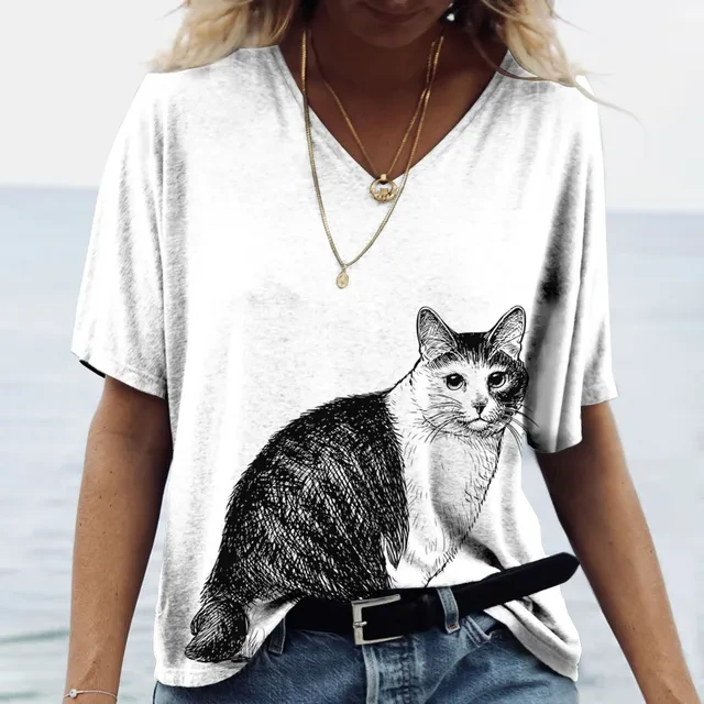 Women's T-Shirt D Cat Print V Neck Short Sleeve
