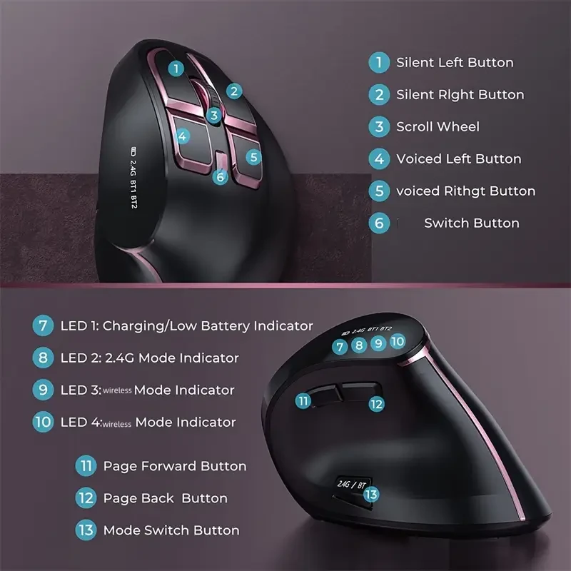 JOMAA Wireless Vertical Mouse  Dual Mode Rechargeable Ergonomic Laser Mouse