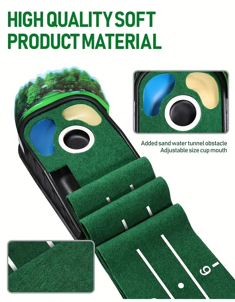 HUAEN 8ft Golf Putting Green Indoor Practice Mat with 3D Backplate & Ball Return