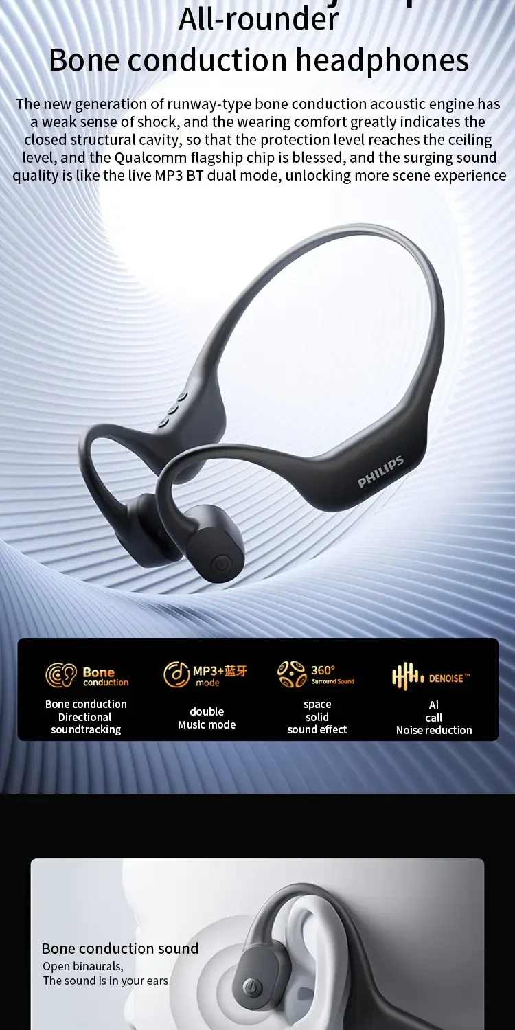 Philips TAA6609 Bone Conduction Wireless Headphones Open-Ear Design with 16GB Memory & Dual-Mode Playback