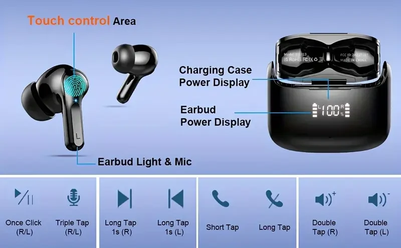 LIFEBEE Wireless Earbuds  5.3 Stereo, 40H Playtime, Dual-Mic Calls, USB-C, LED Case