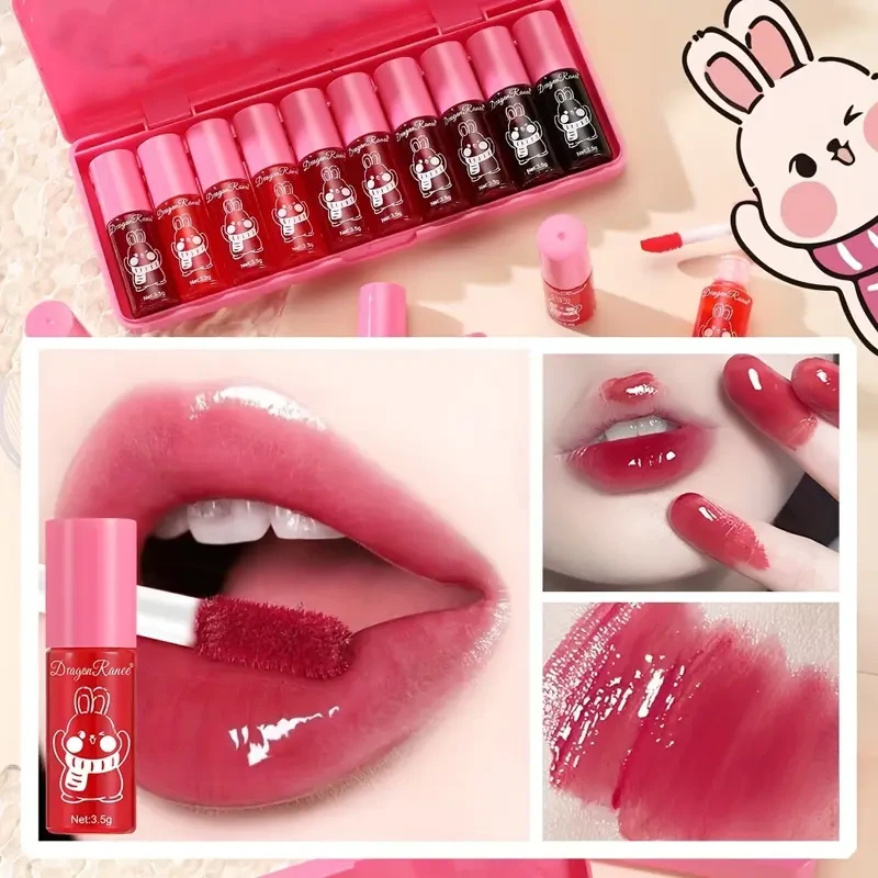 Dragon Ranee Mirror Lip Tint Set 10 PCS Glossy, Moisturizing, and Non-Sticky