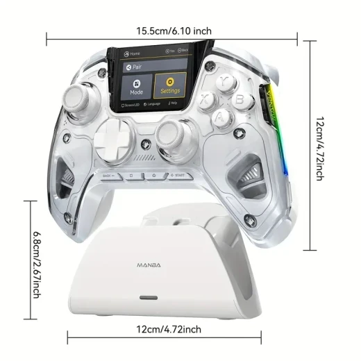 Interactive Screen Wireless Gaming Controller for iOS, Switch, PC, Android, Steam Deck  RGB Lighting, Hall Effect Stick & Trigger, 1800mAh Battery with Charging Dock-V2 (White)