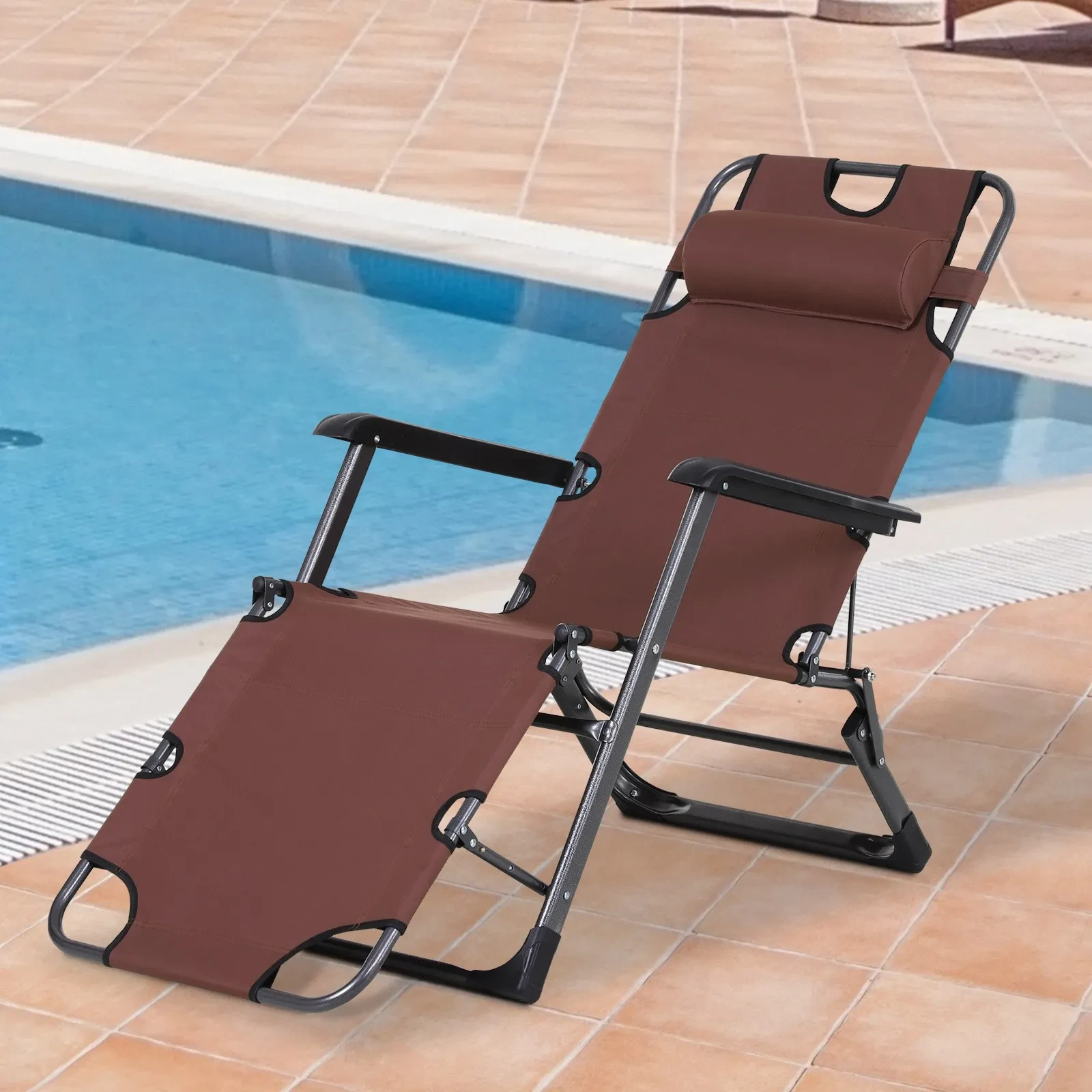 Lounging Relaxation Folding Lounger With Metal Frame, Adjustable Footrest Head Pillow