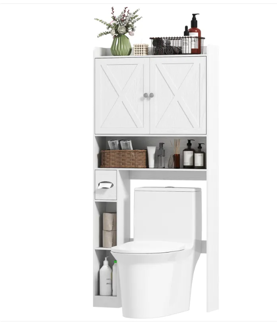 Farmhouse Over The Toilet Cabinet With Barn Doors, Over The Toilet Storage Cabinet With Adjustable Shelf, White