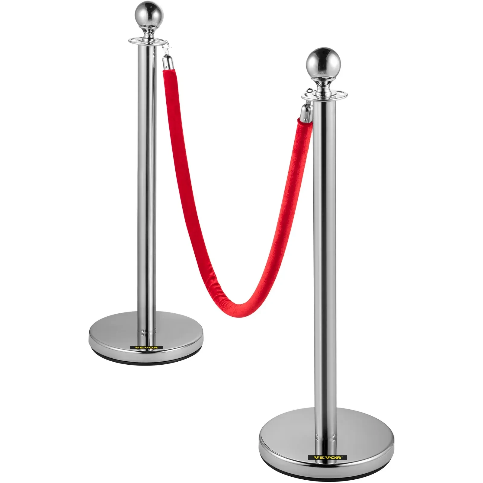 4 Pack Retractable Silver Round Top Stanchion Post Queue Crowd Control Barrier Posts Line Pole With 1.5M Red 2 Velvet Rope