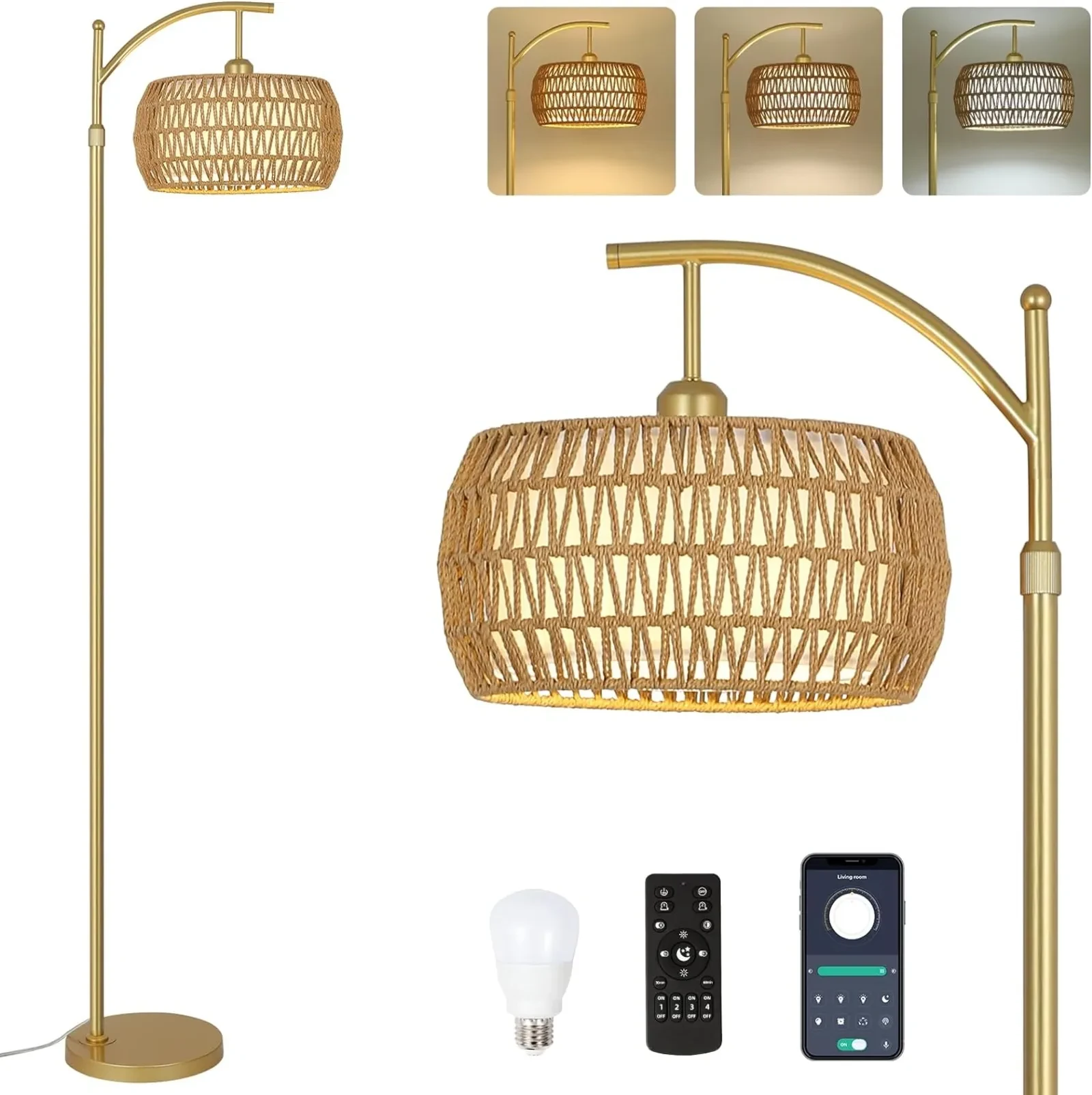 Floor Lamp With 3 Color Temperatures, LED Gold Floor Lamp With Remote & Stepless Dimmable Bulb,