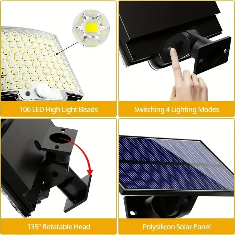 2PCS Solar Lights Outdooor 4 Modes 106LED Solar Security Lights Waterproof Solar Motion Light