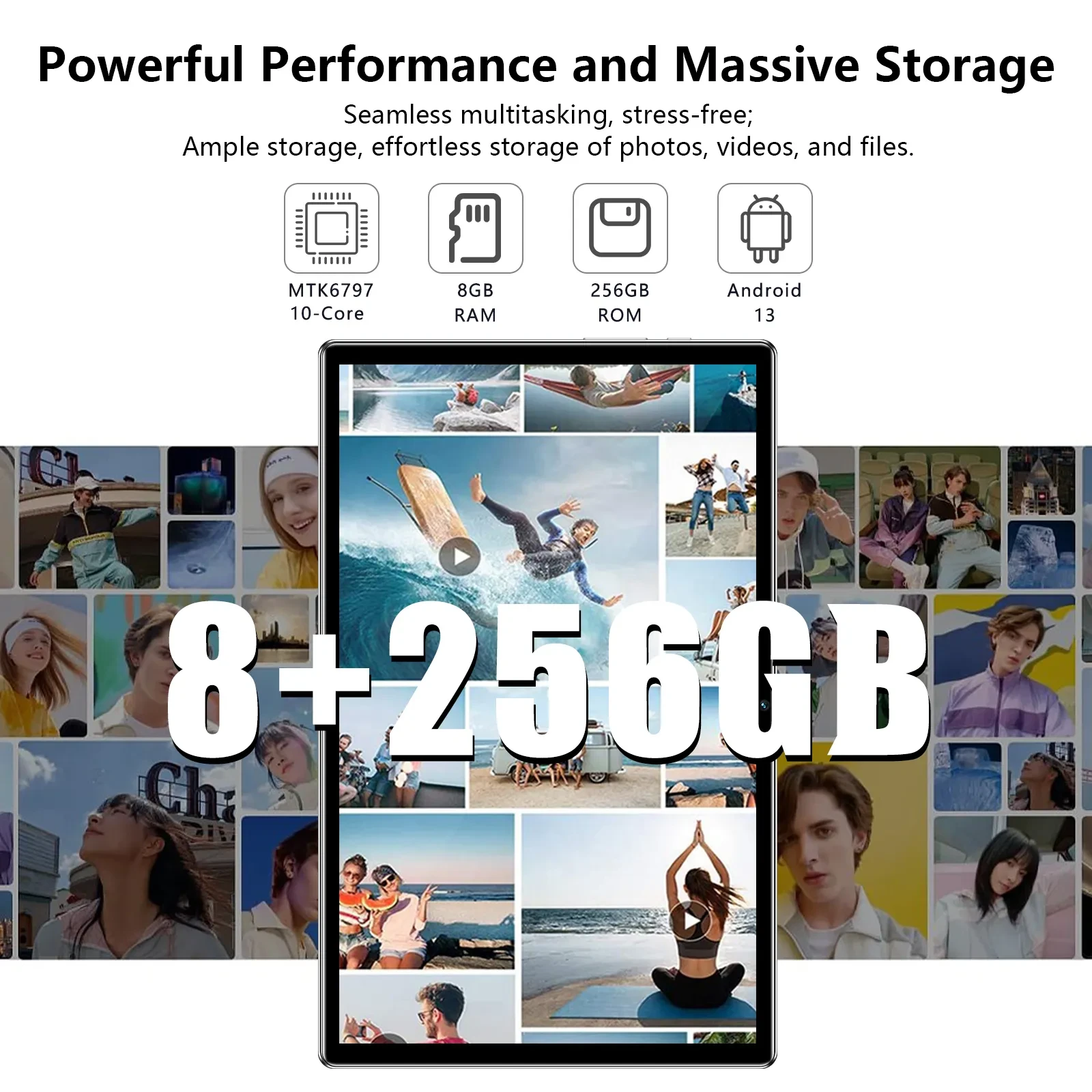 Tablet 10.1 Inch Android Tablets, Android 13 Tablet Quad Core 8GB RAM 256GB ROM, 24MP Camera, 8000mAh Long Battery Life