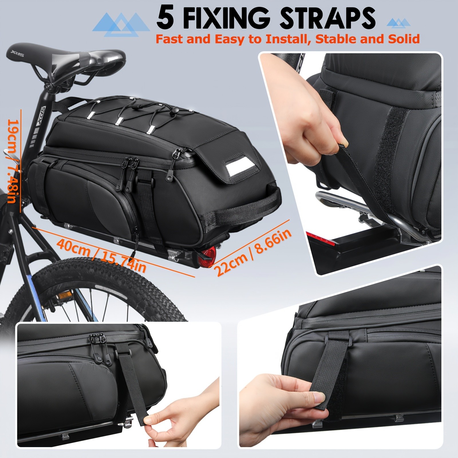 NUBILY 3-in-1 Bicycle Rear Rack Bag 15L Durable Oxford Storage with Rain Cover & Reflective Safety