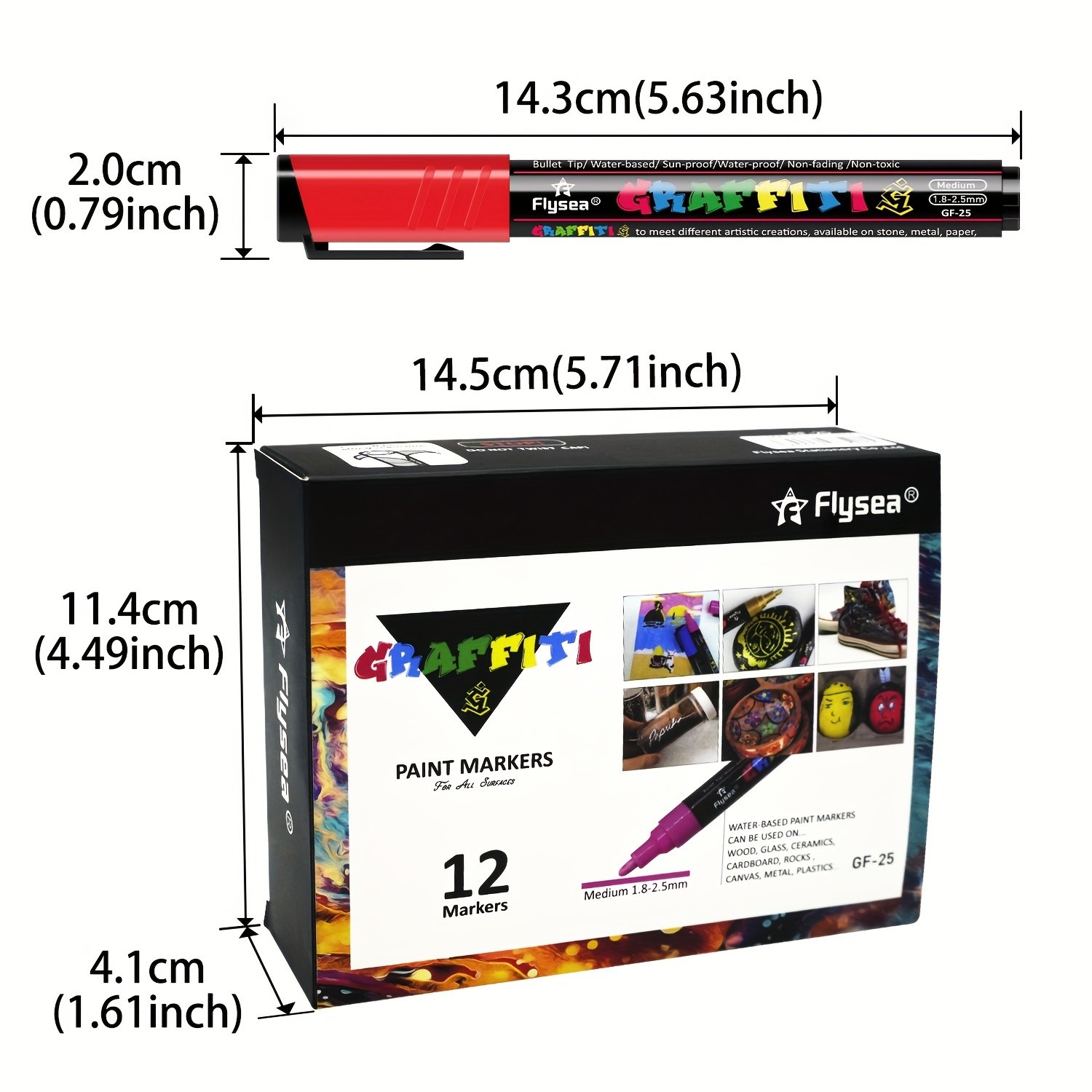 FLYSEA 12pcs Large Capacity Acrylic Paint Markers Stackable Colors, 23mm Medium Point, Water-Based for Rocks, Canvas & Glass