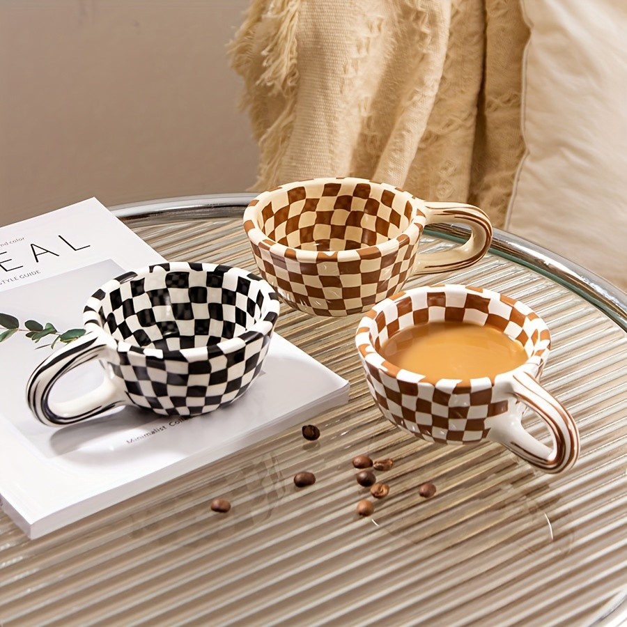 YUMIPLUS Irregular Checkered Ceramic Mug 7oz Casual Coffee Cup for Home & Office Use
