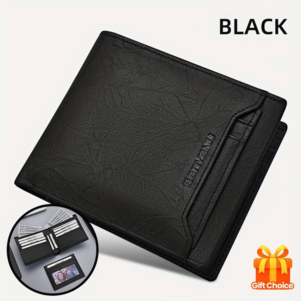 BANYANU Mens Top-Grain Leather Short Wallet 14 Card Slots + Independent Card Holder