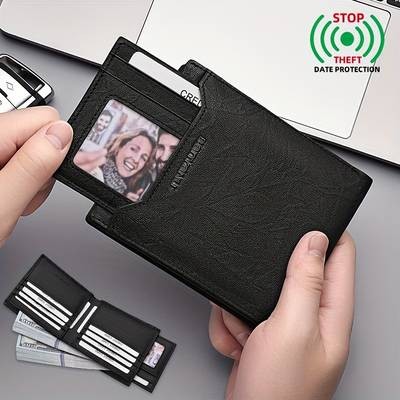 BANYANU Mens Top-Grain Leather Short Wallet 14 Card Slots + Independent Card Holder