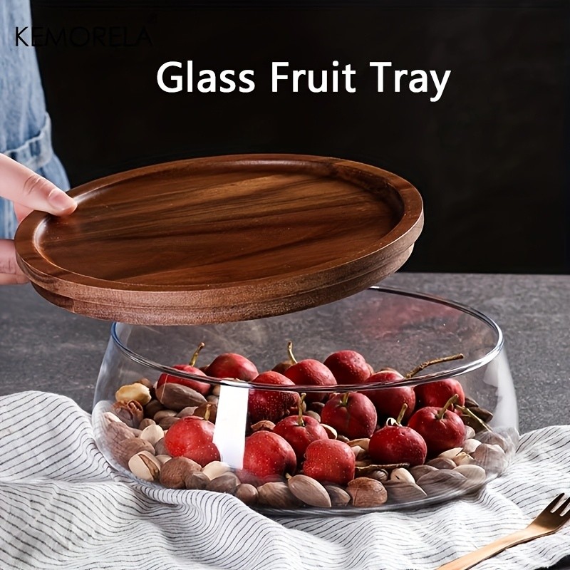 KEMORELA Double Layer Glass Bowl with Wooden Lid Food-Safe Storage Container for Snacks, Fruits, Nuts & Holiday Dcor
