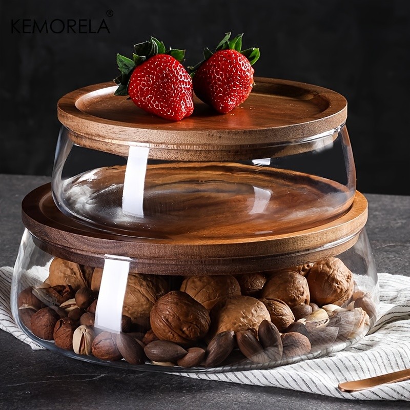 KEMORELA Double Layer Glass Bowl with Wooden Lid Food-Safe Storage Container for Snacks, Fruits, Nuts & Holiday Dcor