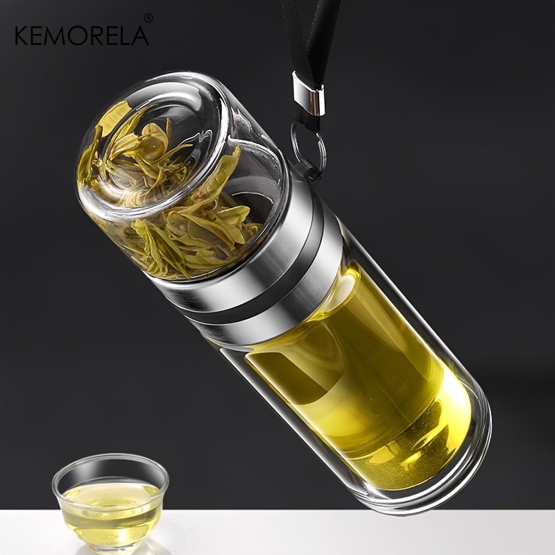 KEMORELA Double-Layer Glass Tea Brewing Bottle Leak-Proof Travel Cup with Water & Tea Separation Design