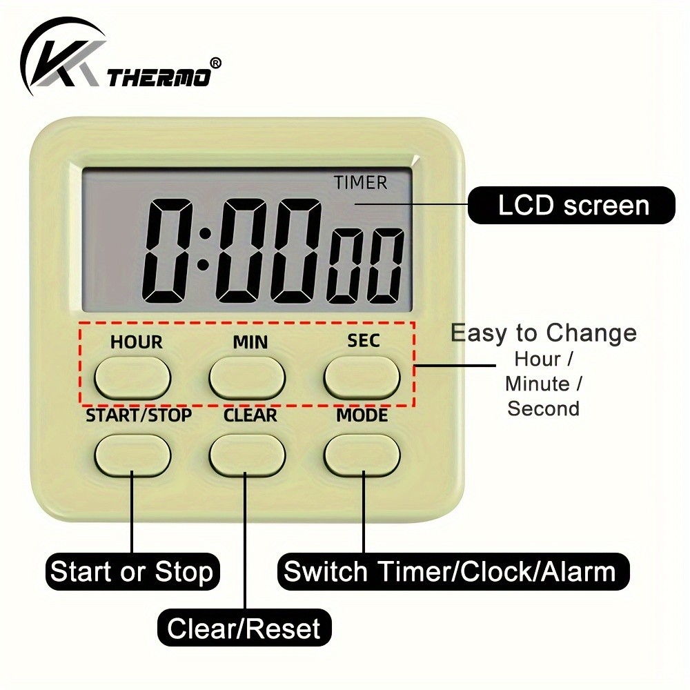 KT THERMO Digital LCD Alarm Clock & Multi-Mode Timer 24-Hour Display with Memory, Count-Up/Down & Stand/Hanging Hook
