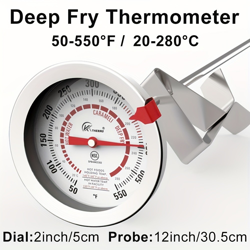 KT THERMO Long-Probe Deep Fry Thermometer with Adjustable Needle Stainless Steel 30.48cm Clip-On Gauge for BBQ, Frying & Cooking