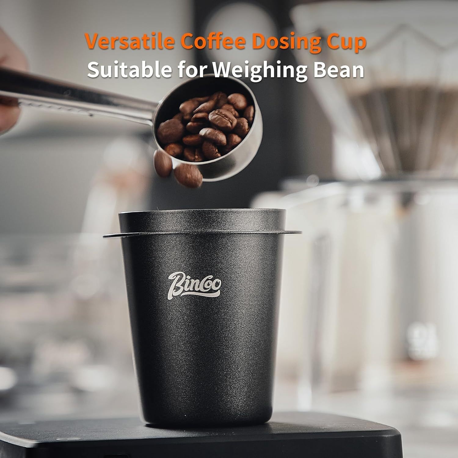 Bincoo 58mm Stainless Steel Dosing Cup Precision Coffee Measuring Tool with Black Cap