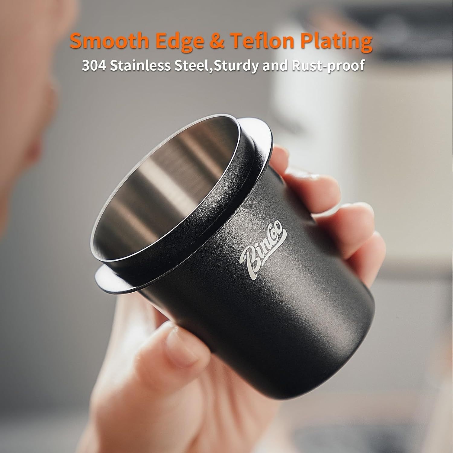 Bincoo 58mm Stainless Steel Dosing Cup Precision Coffee Measuring Tool with Black Cap