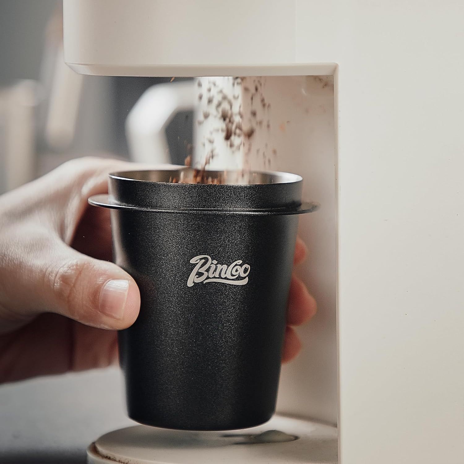 Bincoo 58mm Stainless Steel Dosing Cup Precision Coffee Measuring Tool with Black Cap