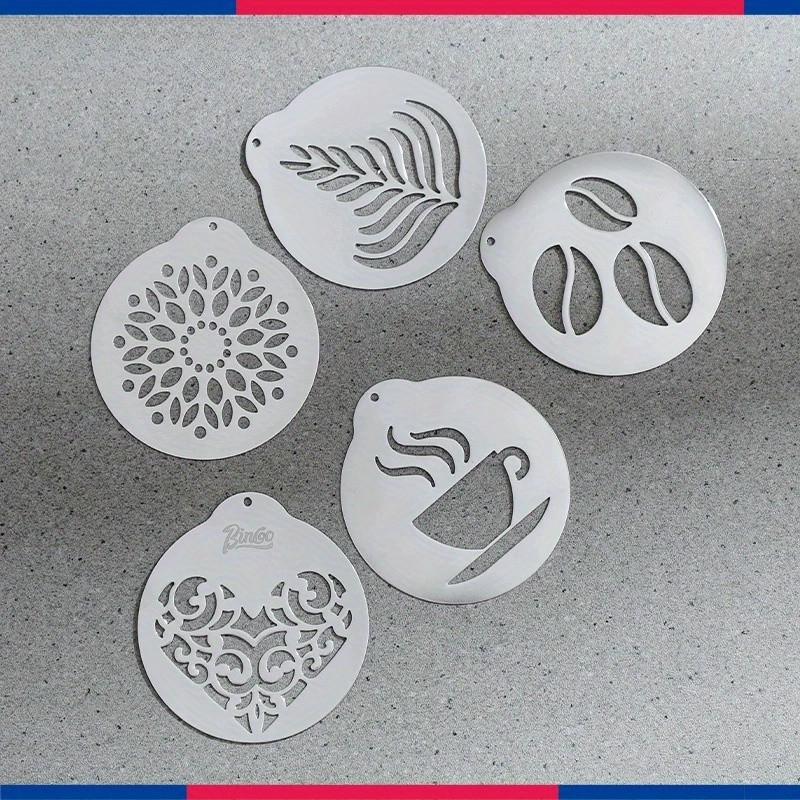 Bincoo Stainless Latte Art Mold Set 5pcs Coffee Pattern Stencil Kit