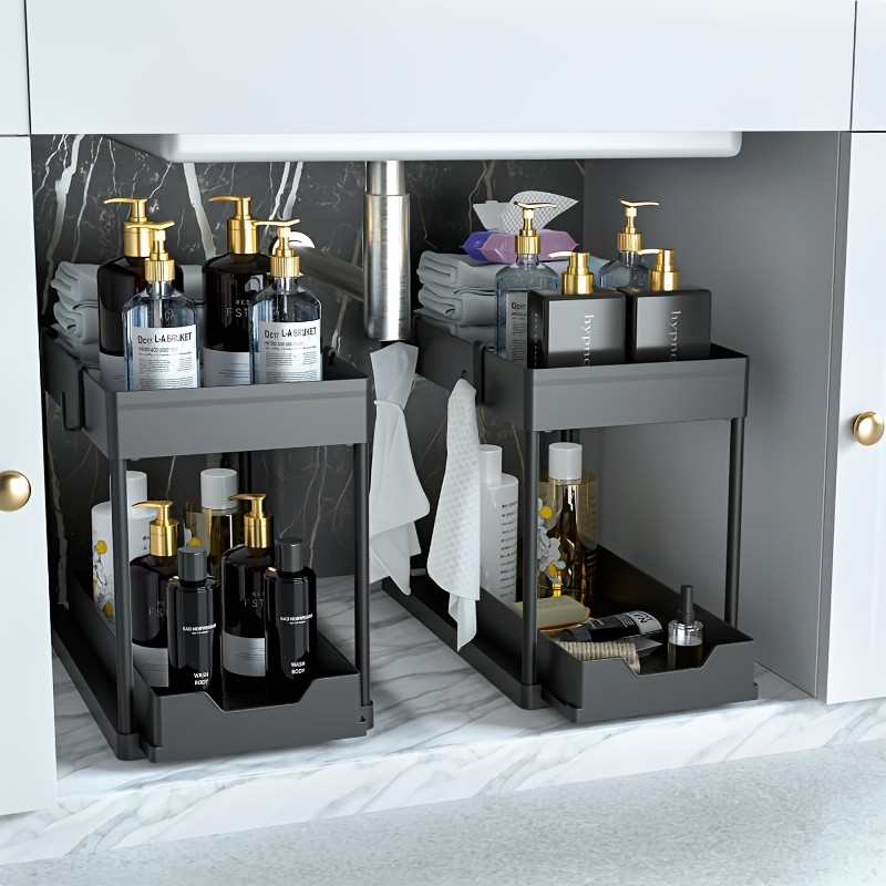 WIEZ 2-Layer Sliding Sink Storage Rack Multi-Tier Cabinet Organizer with Drawers & Hooks for Kitchen and Bathroom