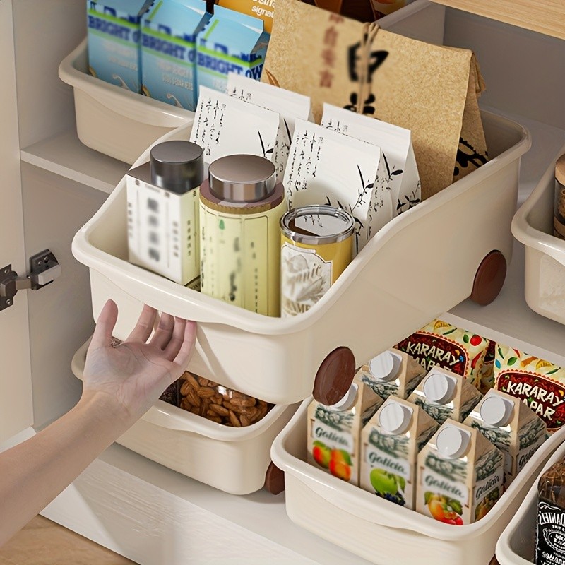 WIEZ Plastic Cabinet Storage Box with Wheels Durable Rolling Basket with Handle for Space-Saving Kitchen & Wardrobe Organisation