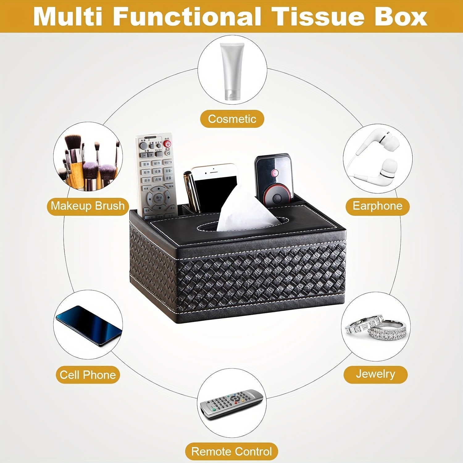 LDQ Multi-Functional Faux Leather Tissue & Storage Box 4-Compartment Organizer for Remotes, Napkins & Home Essentials