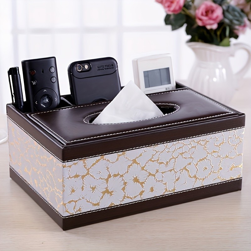 LDQ Multi-Functional Faux Leather Tissue & Storage Box 4-Compartment Organizer for Remotes, Napkins & Home Essentials